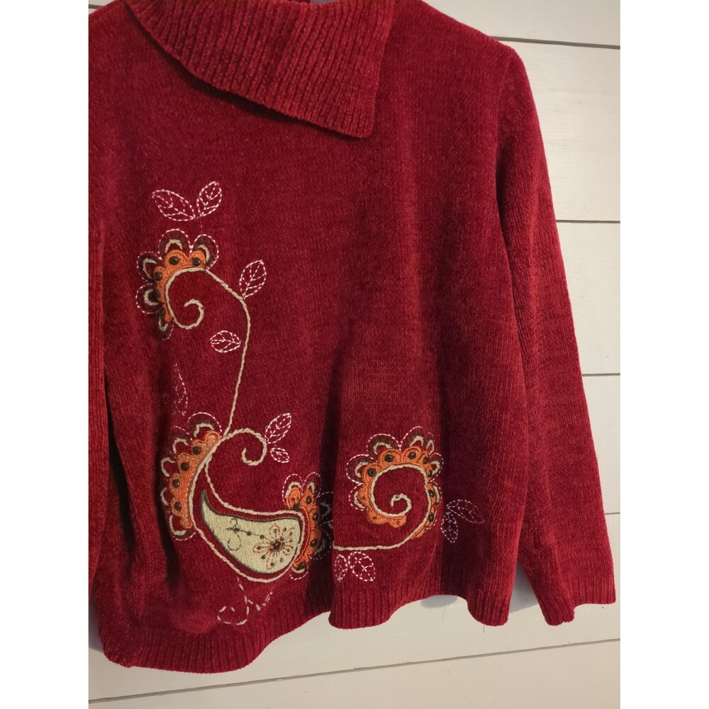 Vintage chenille Alfred dunner Paisley red sweater large beaded fall winter